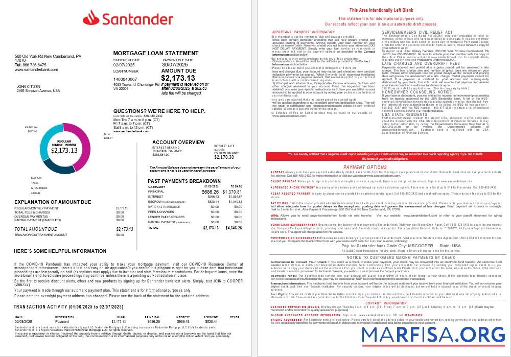 Printable USA Santander Bank mortgage loan statement in Word and PDF formats (2) real example